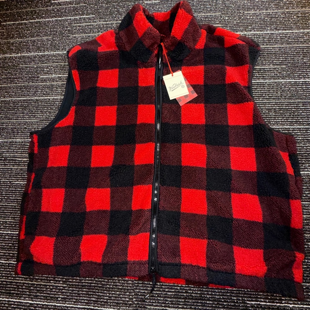 Woolrich Faux-Shearling Vest Mens XL New Buffalo Check Red Black Plush